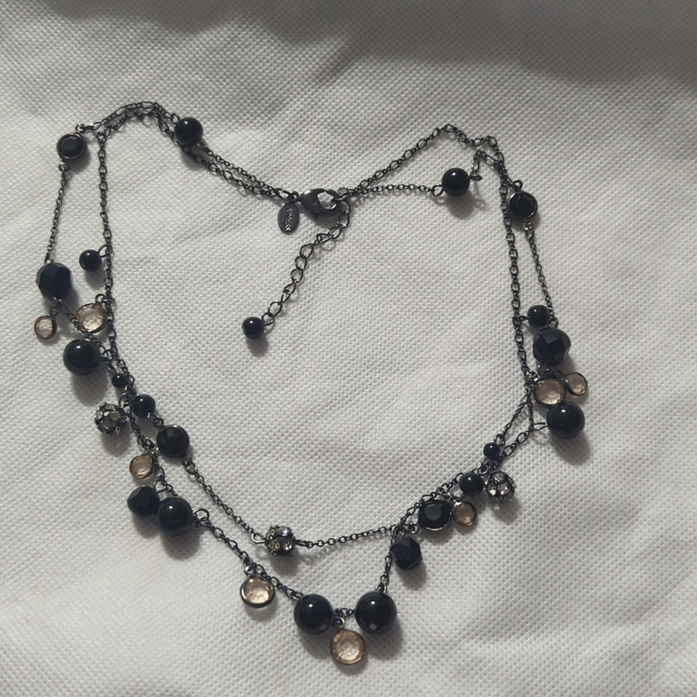 Express Black and Cream Beaded Clear Rhinestone Layered Statement Necklace